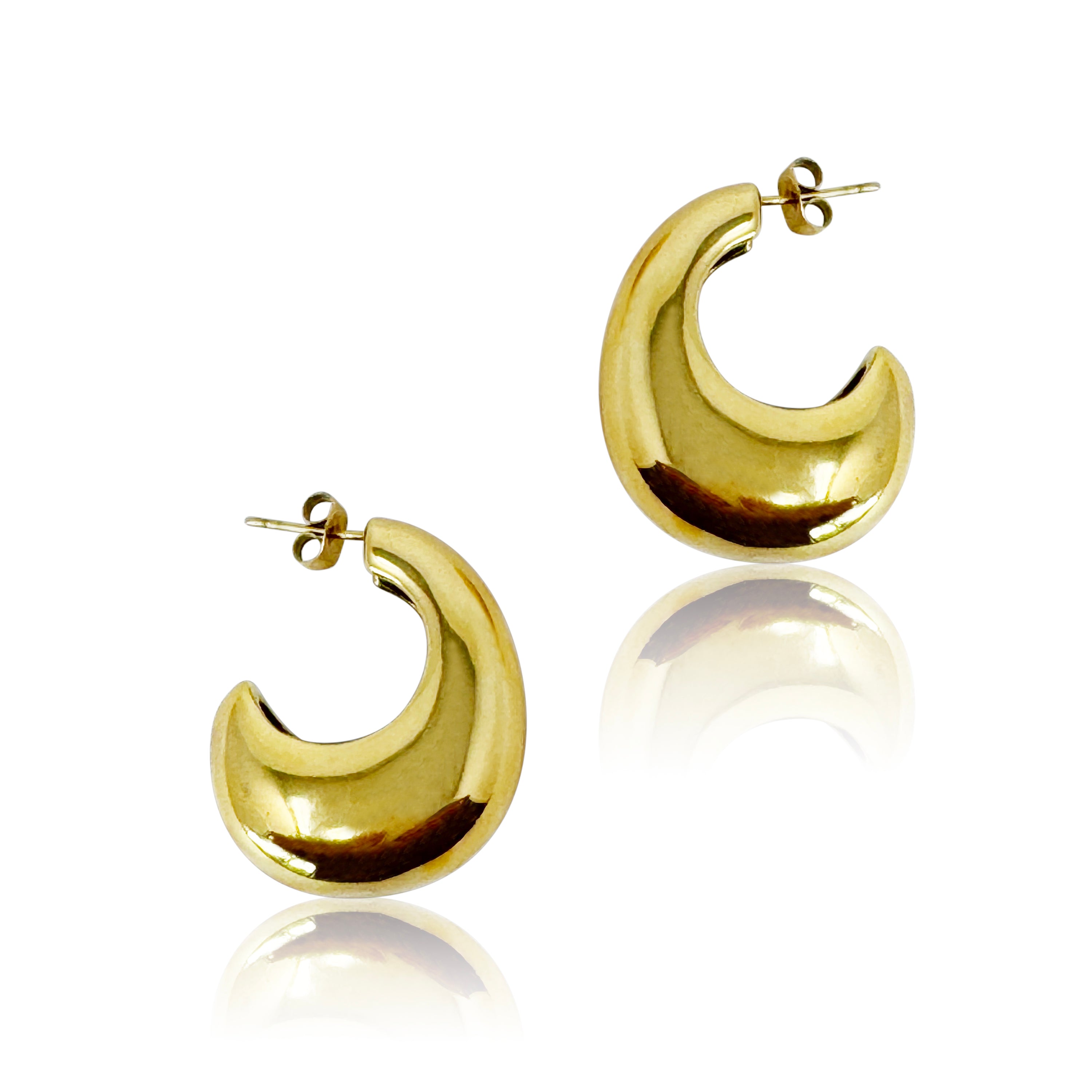 Crescent Halo Golden Hoop Earrings showcasing a unique crescent shape design in 18k gold plated stainless steel.