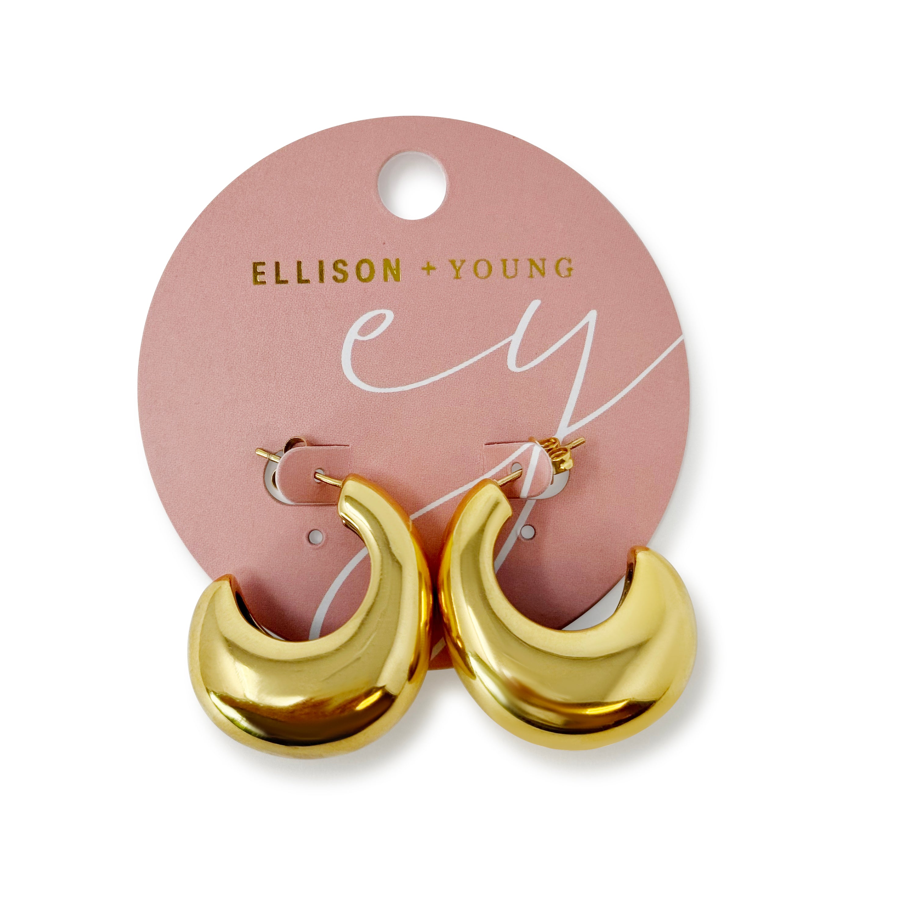 Crescent Halo Golden Hoop Earrings showcasing a unique crescent shape design in 18k gold plated stainless steel.