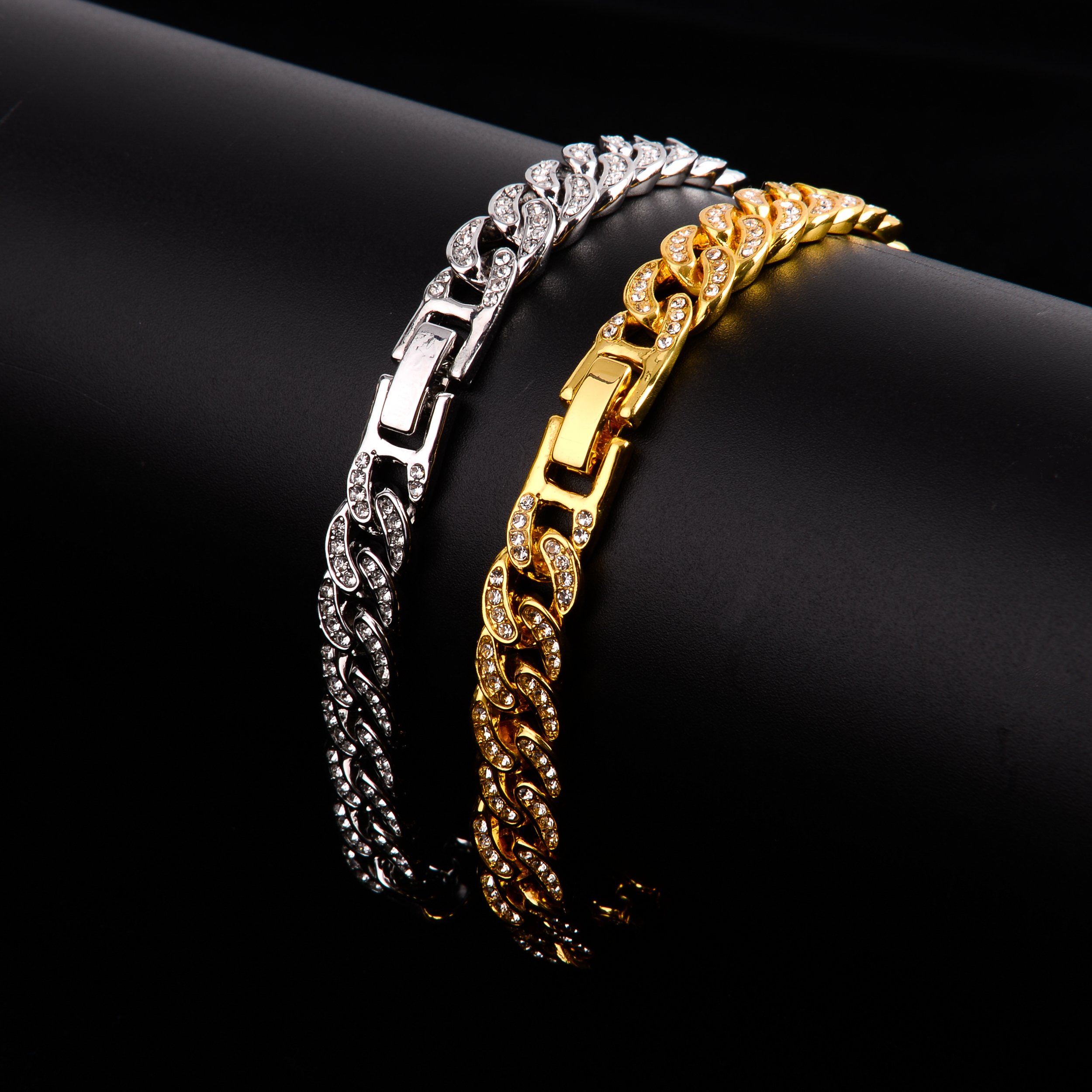 CREW BM 8 MM Cuban Bracelet featuring solid brass construction and rhinestone crystals, showcasing a bold Cuban link design.
