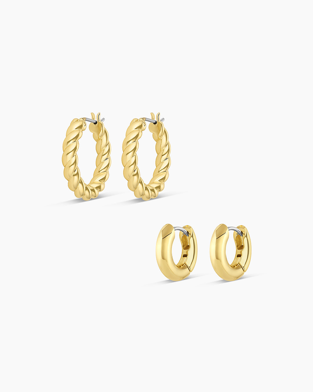 A pair of elegant Crew Hoop Set Earrings showcasing a sleek design, perfect for everyday wear.