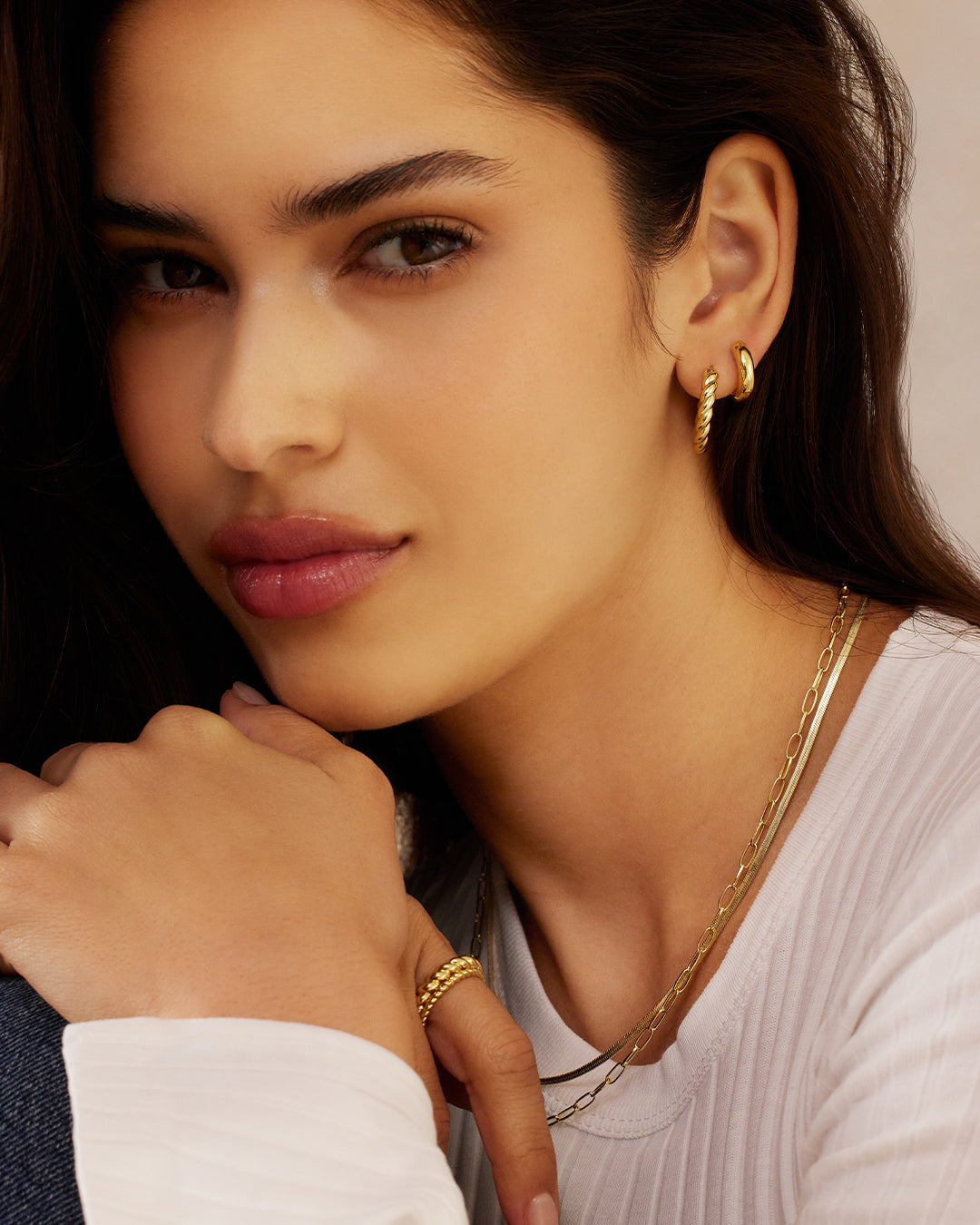 A pair of elegant Crew Hoop Set Earrings showcasing a sleek design, perfect for everyday wear.