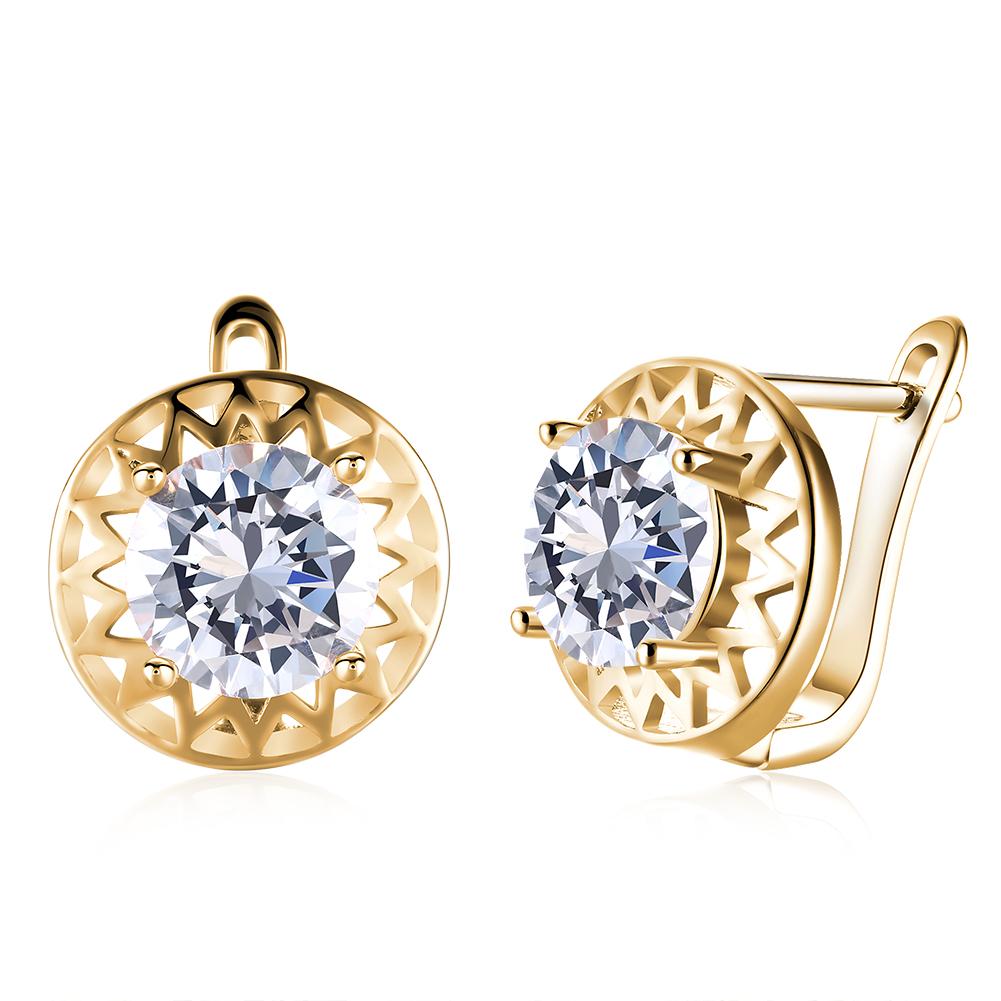 Elegant Crystal Filigree Circular Leverback Earrings set in 18K gold, showcasing intricate design and butterfly backing.