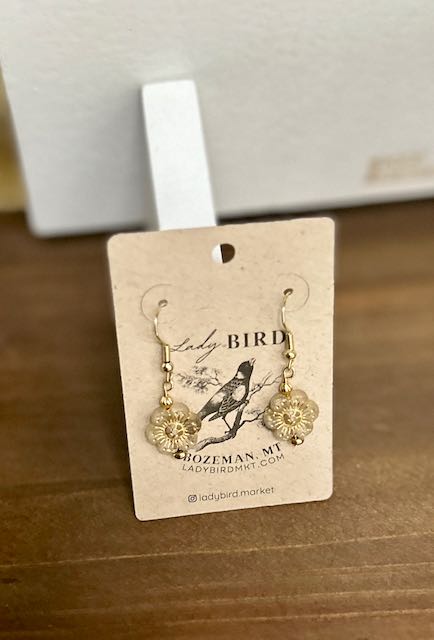 Crystal and gold etched glass dangle earrings featuring a wild rose flower design, showcasing intricate craftsmanship and a vintage aesthetic.