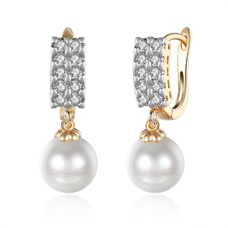 Elegant Crystal Square Shaped Pearl Leverback Earrings set in 18K gold, showcasing their stunning design and craftsmanship.