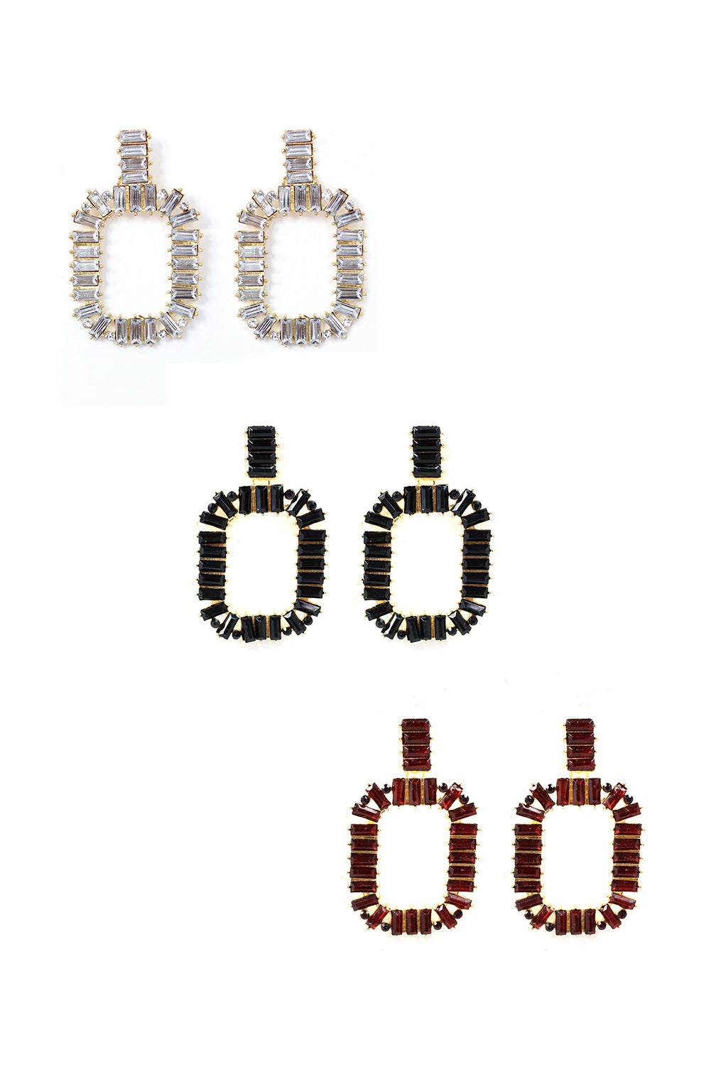 A pair of elegant crystal stone drop dangle post earrings in various colors, showcasing their sparkling design and 2.5-inch length.