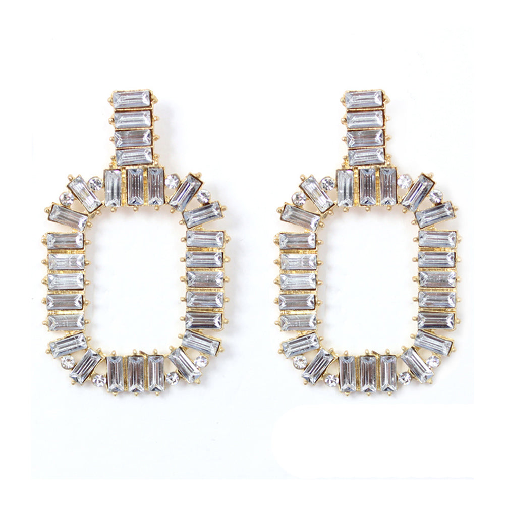 A pair of elegant crystal stone drop dangle post earrings in various colors, showcasing their sparkling design and 2.5-inch length.