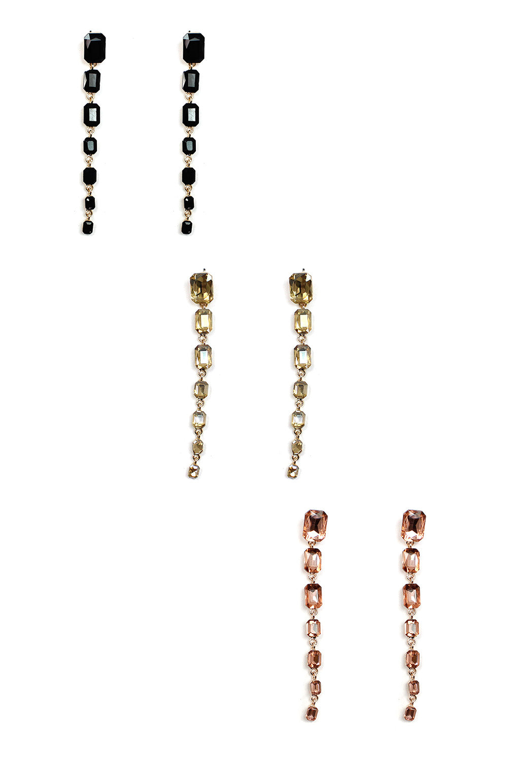 A pair of elegant crystal stone drop dangling post earrings in various vibrant colors, showcasing their 3-inch length and sparkling design.