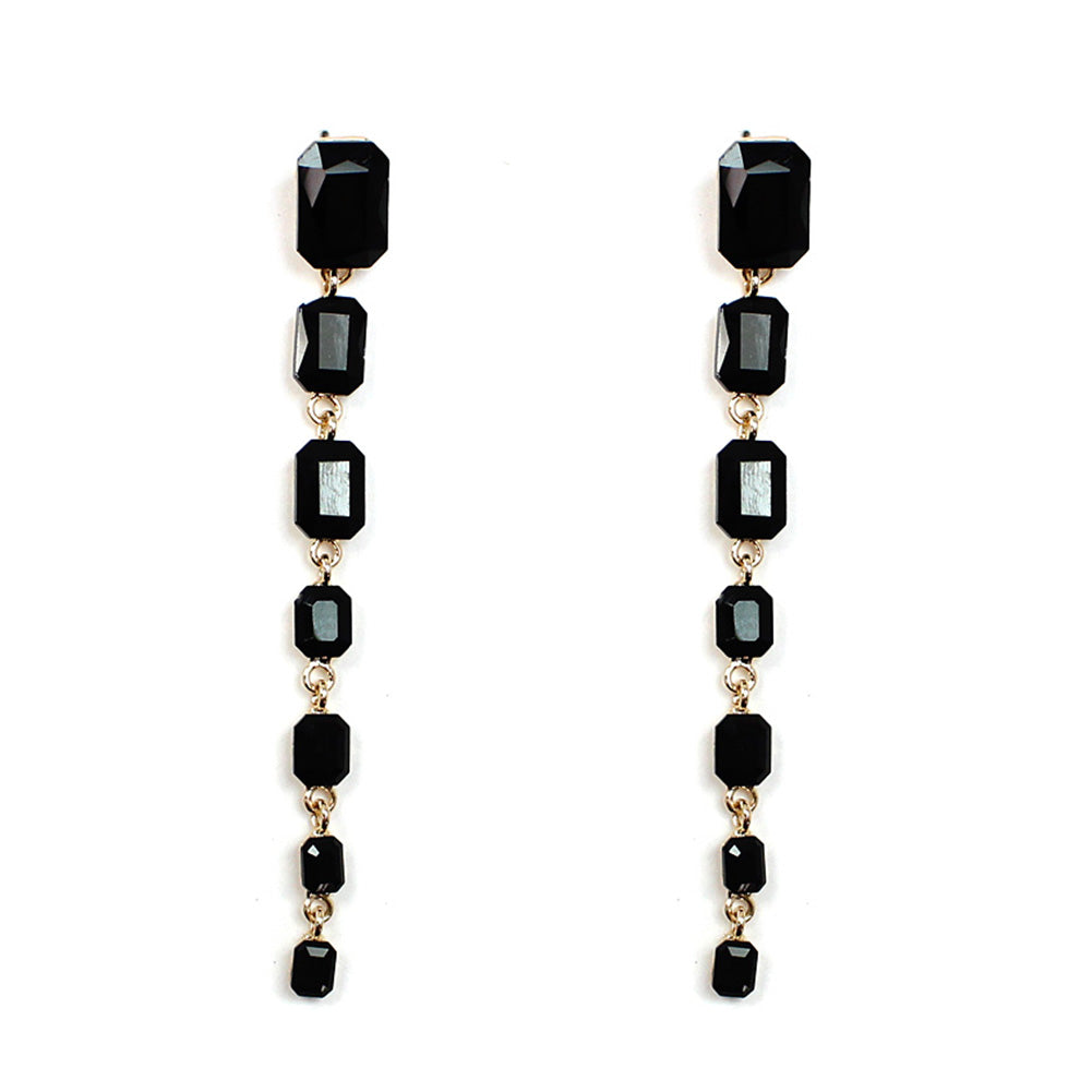 A pair of elegant crystal stone drop dangling post earrings in various vibrant colors, showcasing their 3-inch length and sparkling design.