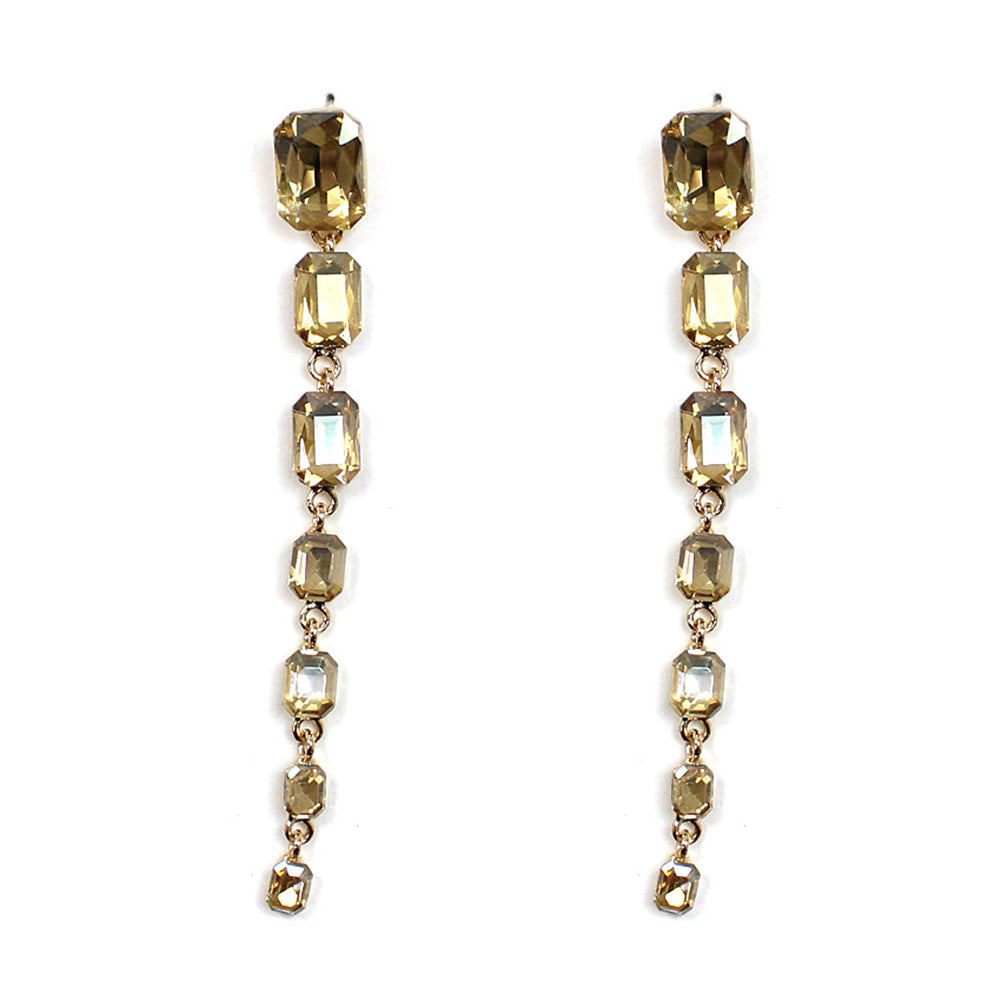 A pair of elegant crystal stone drop dangling post earrings in various vibrant colors, showcasing their 3-inch length and sparkling design.