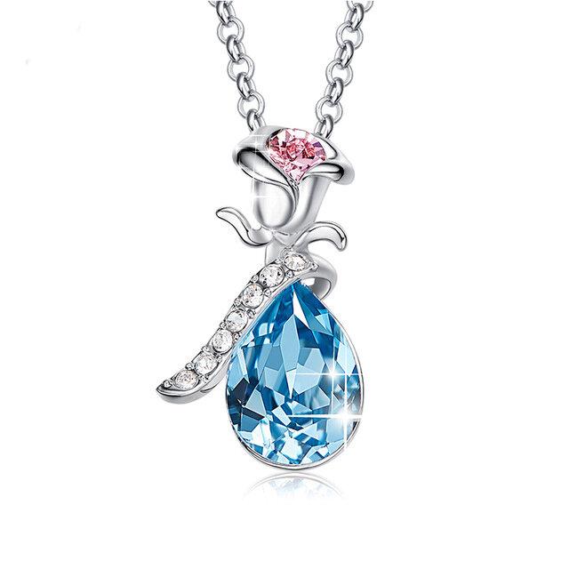 Elegant Crystals Aquamarine Waterdrop Necklace with Pink Topaz Rose, featuring a gold-plated design and hypoallergenic materials.