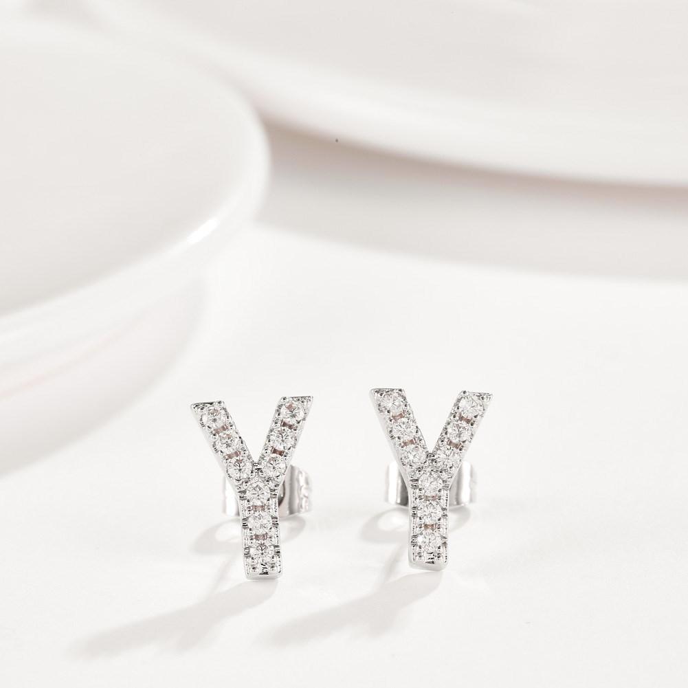 Elegant Crystals Pave Letter Stud Monogram Initial Earrings in 18K White Gold, featuring a minimalist design with sparkling crystals.