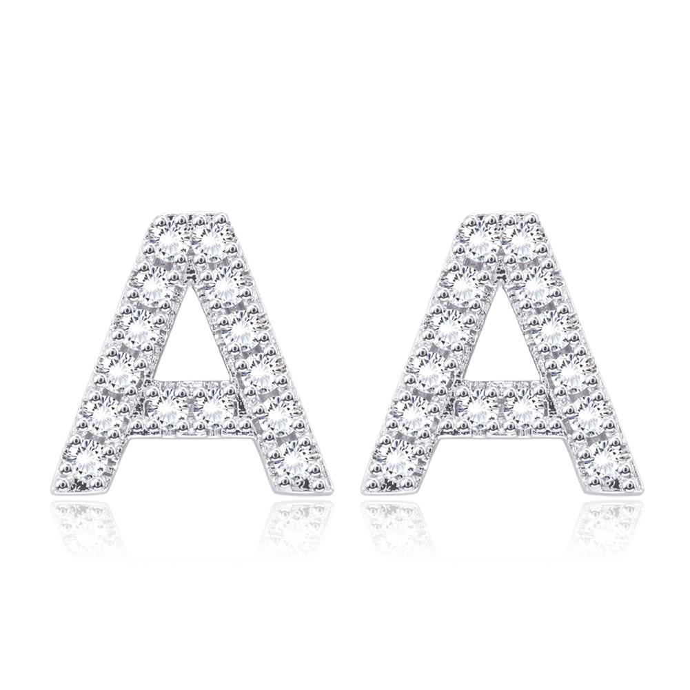 Elegant Crystals Pave Letter Stud Monogram Initial Earrings in 18K White Gold, featuring a minimalist design with sparkling crystals.