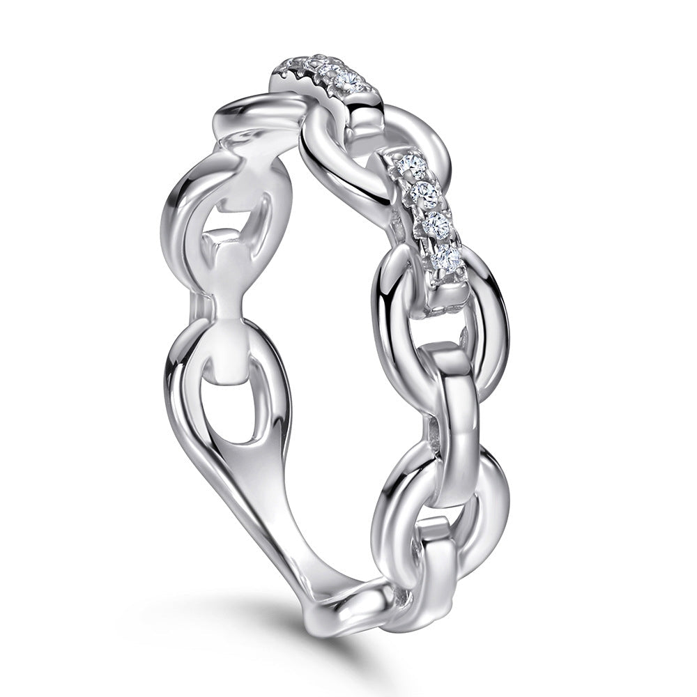 Cuban Link Bling Round Rings in 925 sterling silver with white gold finish and white sapphire stone, showcasing a stylish hip hop design.