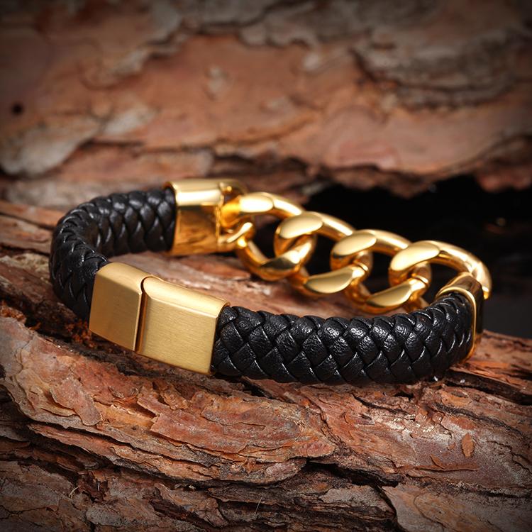 Cuban Link Leather Bracelet made of stainless steel with gold plating, showcasing its elegant design and durable construction.