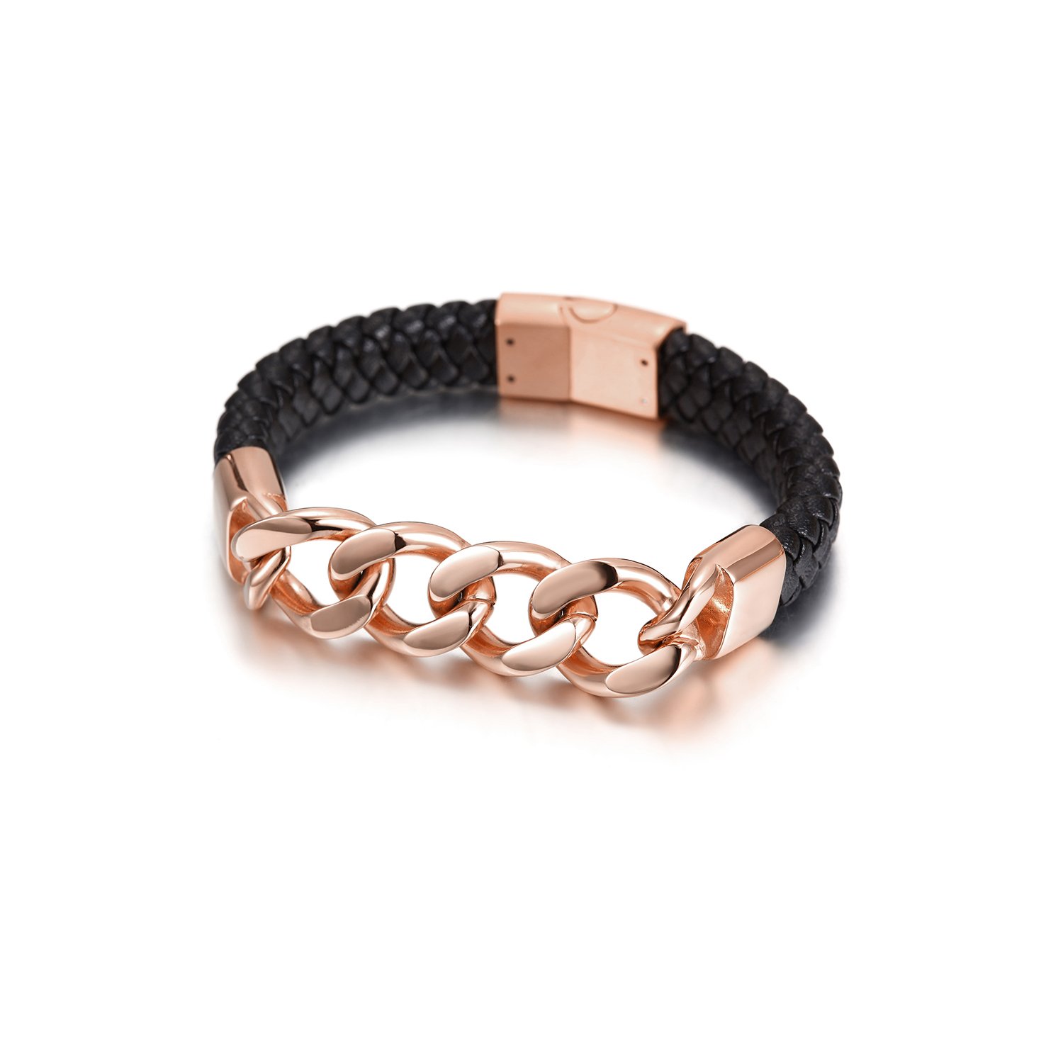 Cuban Link Leather Bracelet made of stainless steel with gold plating, showcasing its elegant design and durable construction.