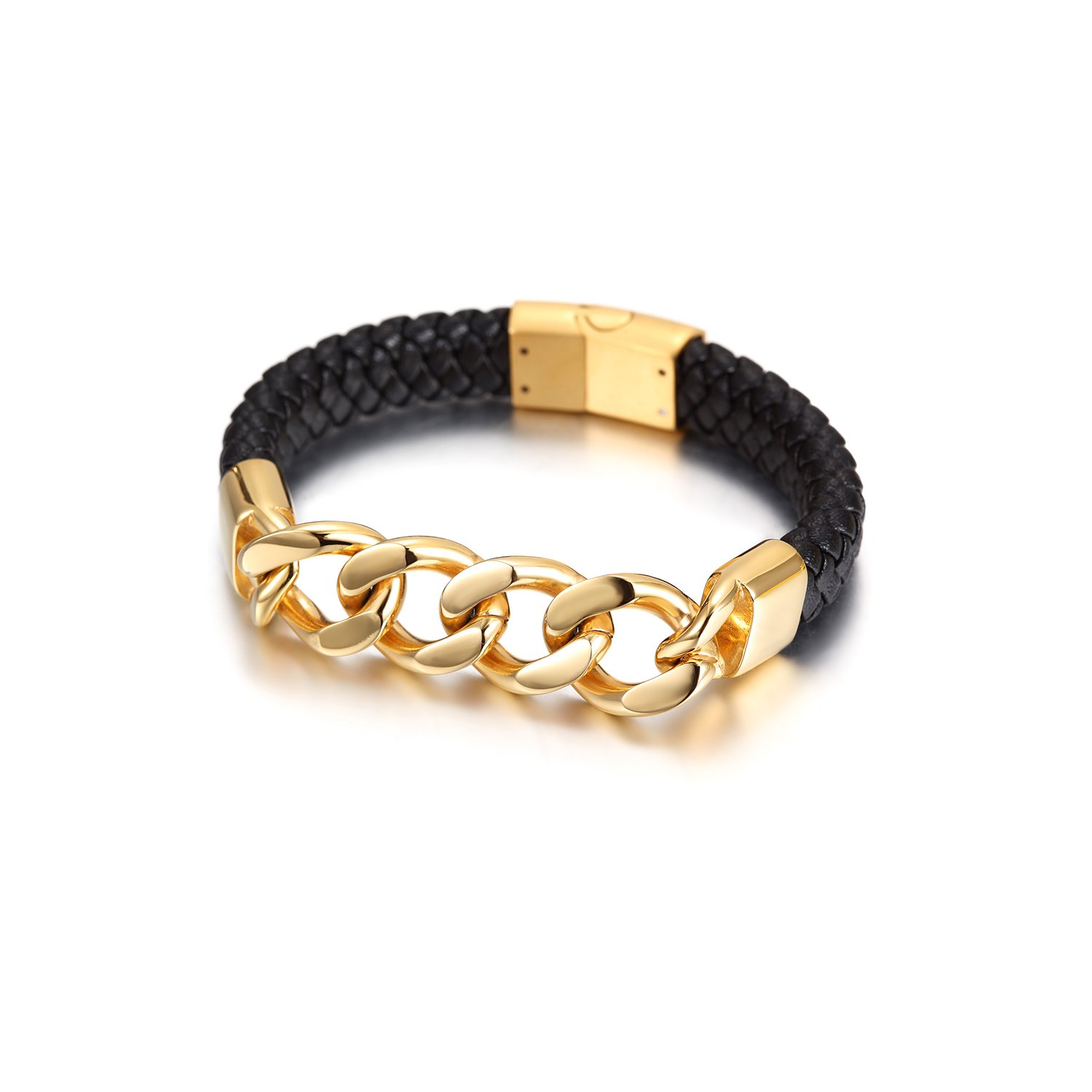 Cuban Link Leather Bracelet made of stainless steel with gold plating, showcasing its elegant design and durable construction.