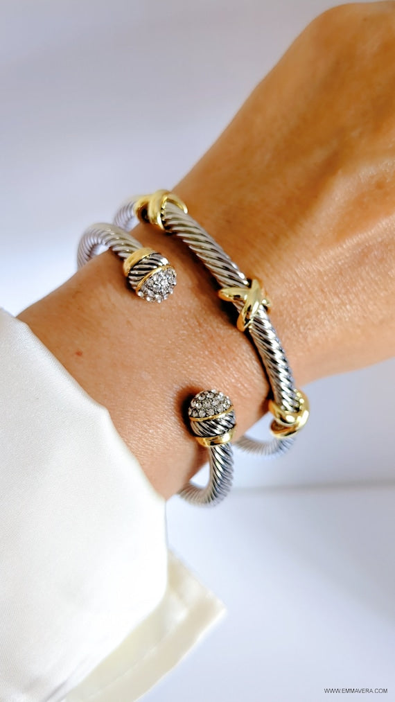 Elegant 18K Gold filled open cuff bracelet with a delicate cable pattern and simulated diamond dome.