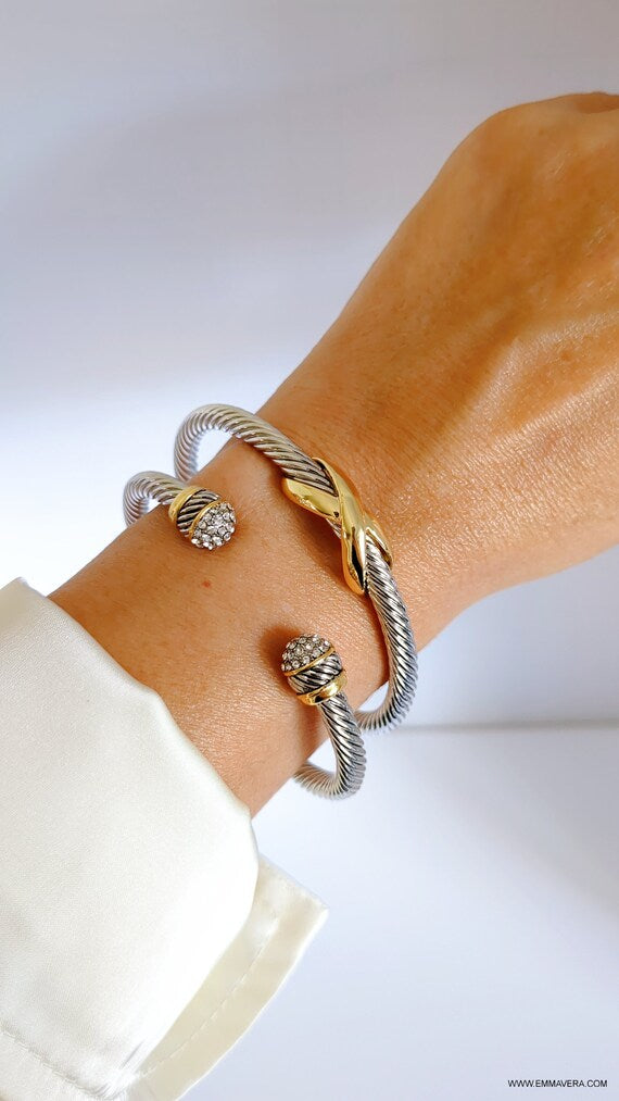 Elegant 18K Gold filled open cuff bracelet with a delicate cable pattern and simulated diamond dome.