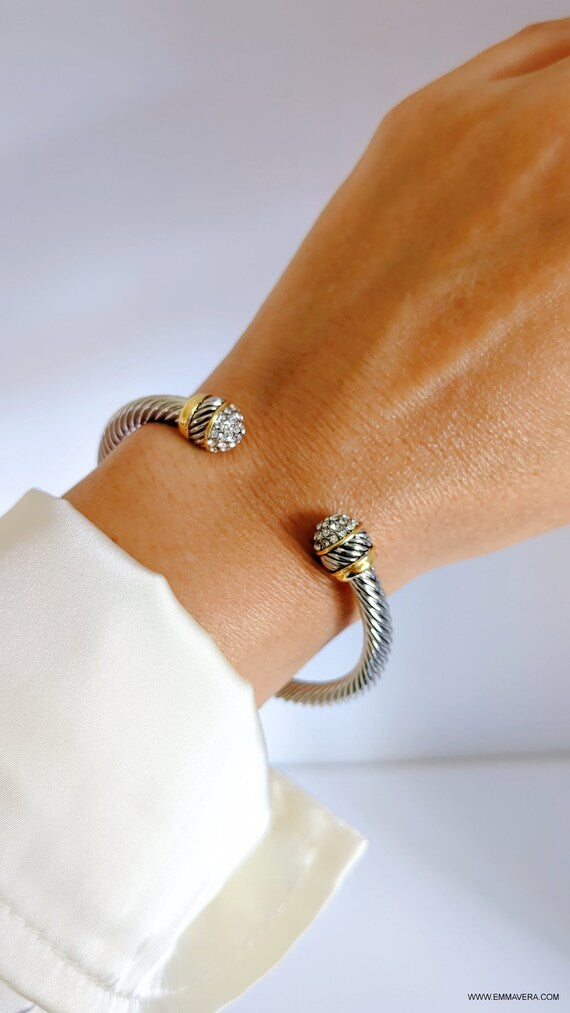 Elegant 18K Gold filled open cuff bracelet with a delicate cable pattern and simulated diamond dome.