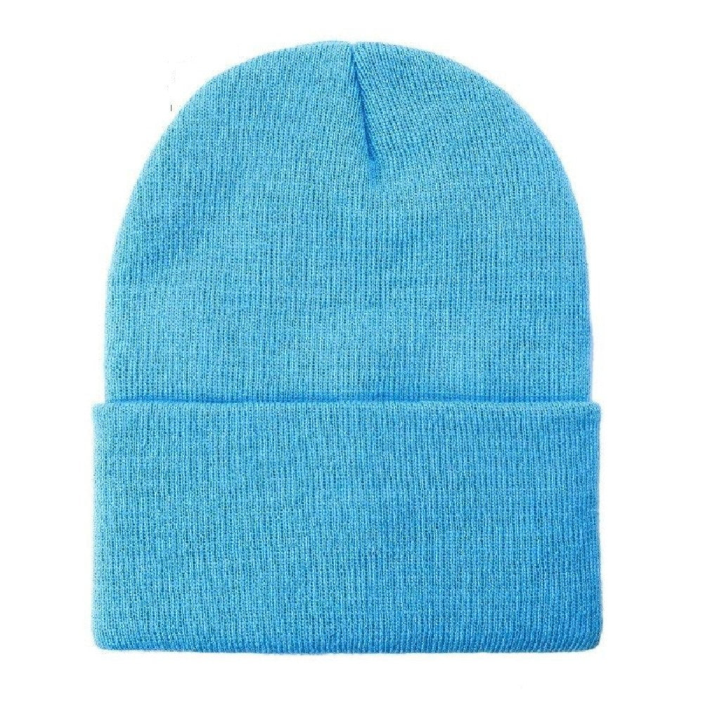 A variety of cuffed knit beanie hats by DOBBI in different colors, showcasing their stylish design and soft texture.