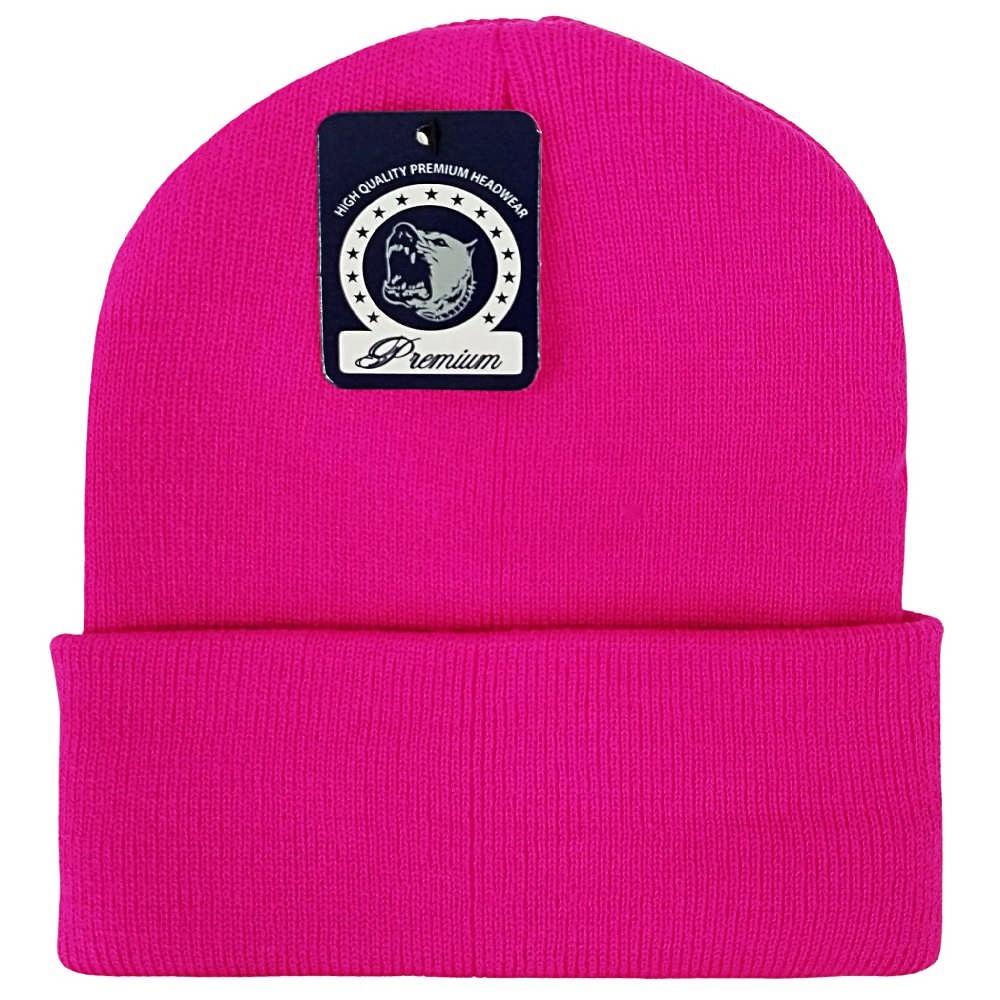 A variety of cuffed knit beanie hats by DOBBI in different colors, showcasing their stylish design and soft texture.