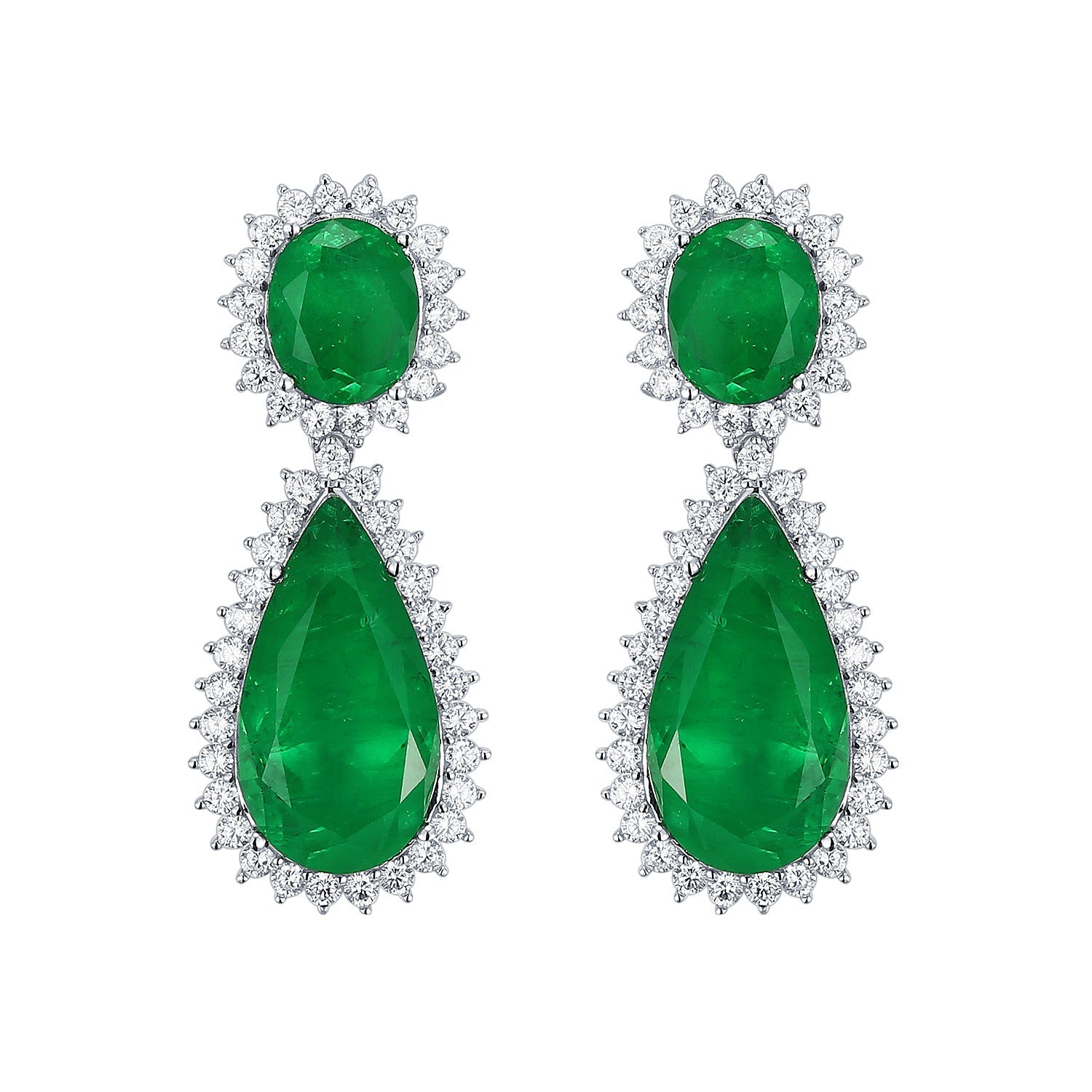 Cushion cut simulated emerald halo drop earrings in sterling silver, showcasing rich forest green color and brilliant sparkle.