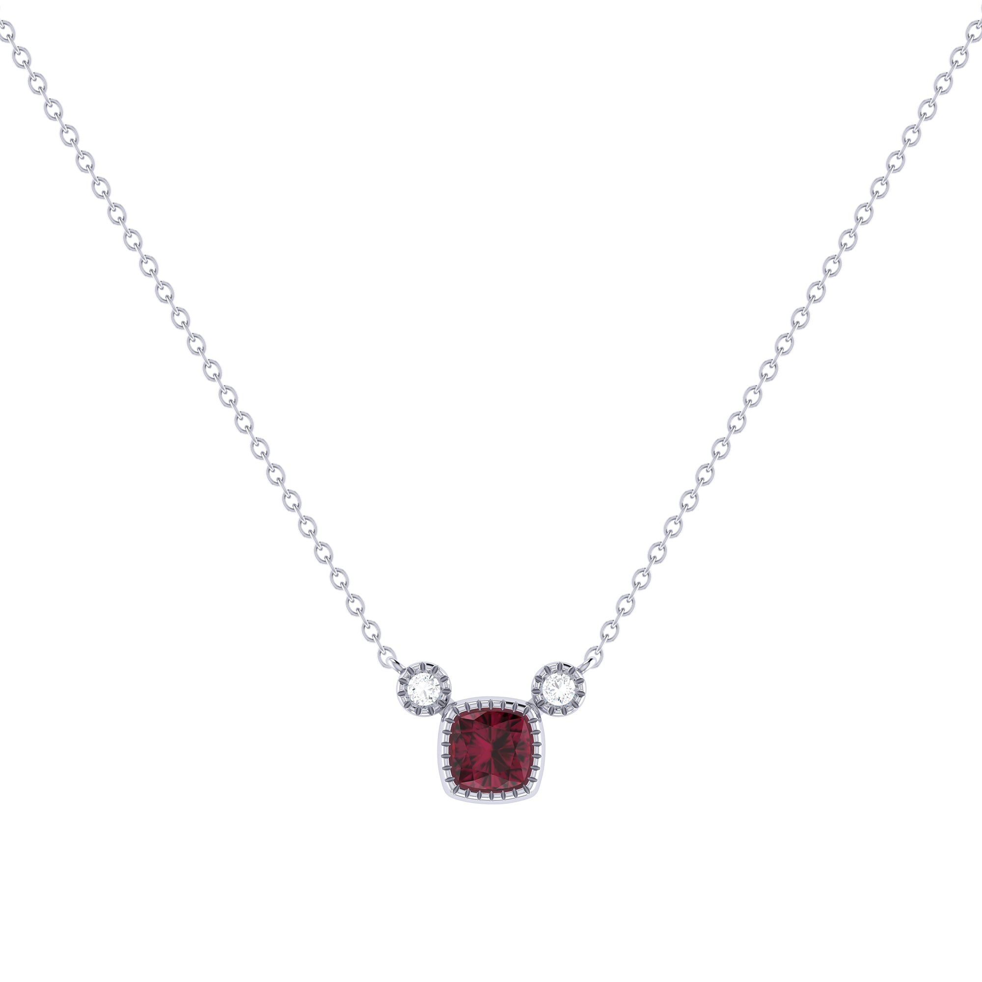 Cushion Cut Ruby & Diamond Birthstone Necklace in 14K White Gold with adjustable chain and bezel setting.