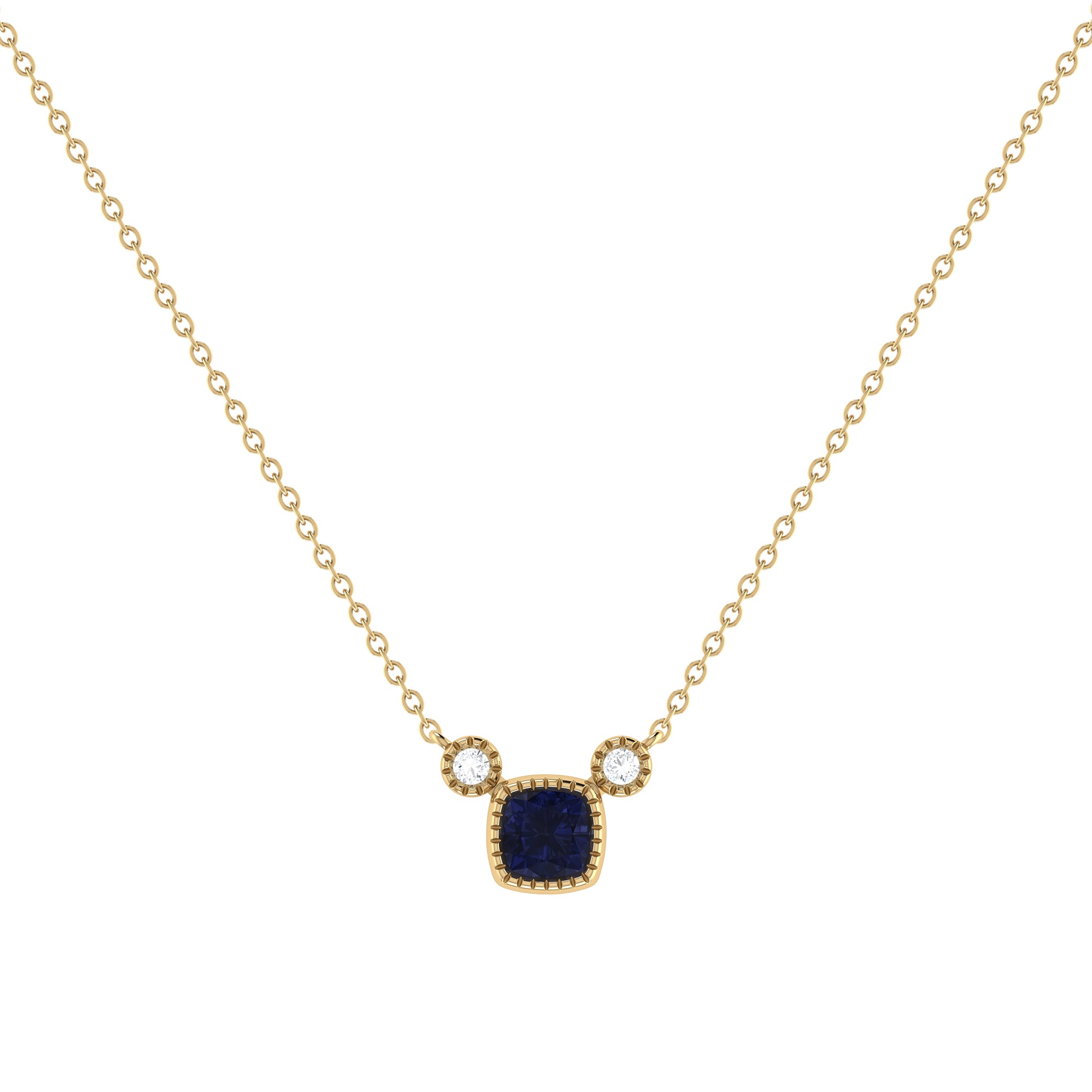 Cushion Cut Sapphire and Diamond Birthstone Necklace in 14K Yellow Gold, featuring a blue sapphire and sparkling diamonds on a delicate chain.