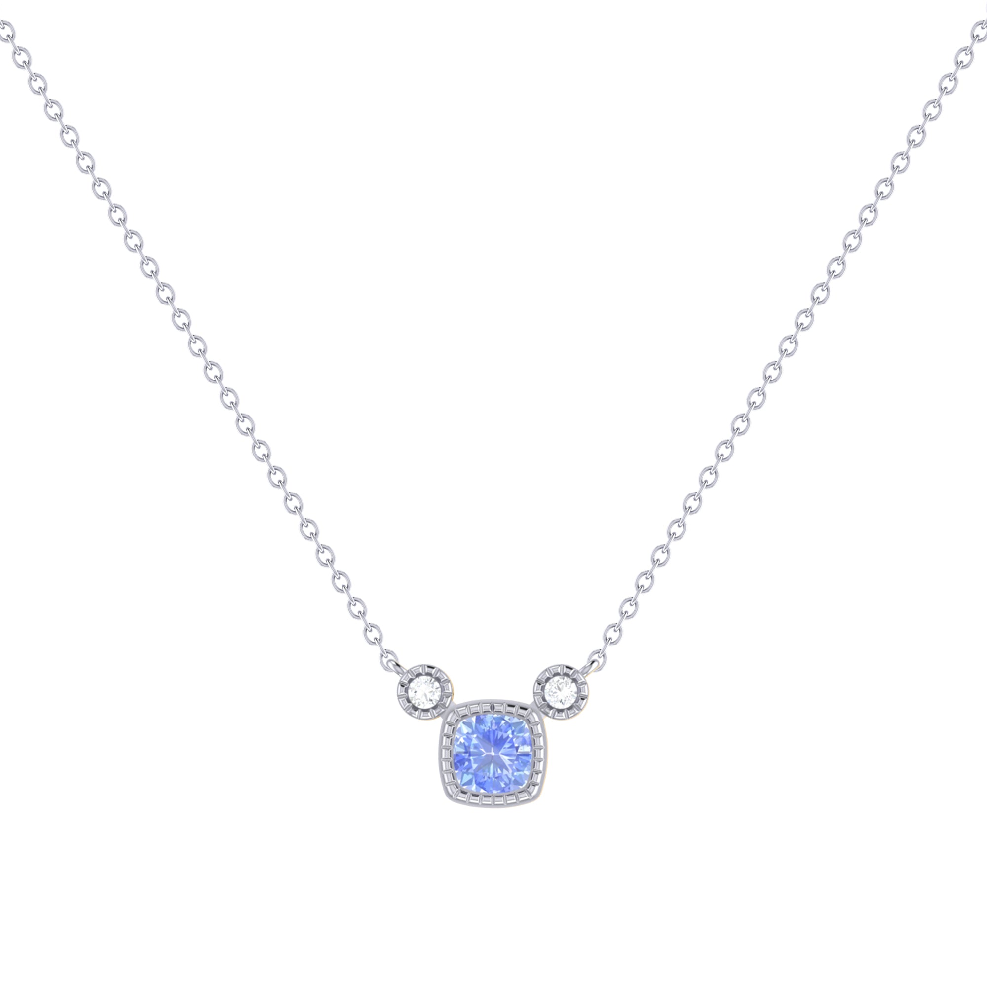 Cushion Cut Tanzanite and Diamond Birthstone Necklace in 14K White Gold, featuring a vibrant tanzanite gemstone and sparkling diamonds on a delicate chain.