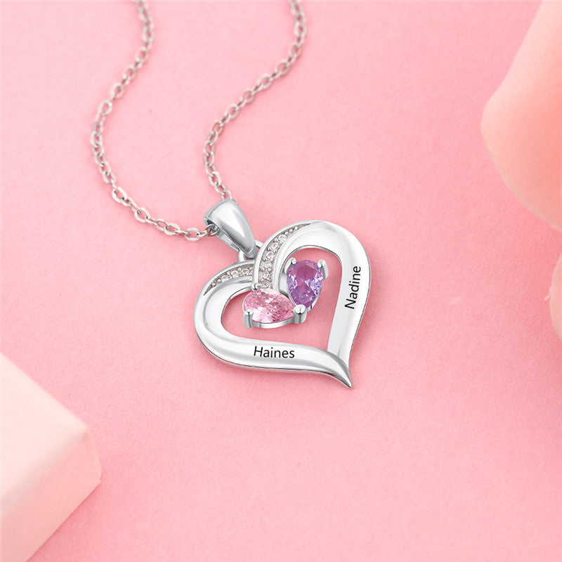 Custom 925 Sterling Silver Two Birthstone Necklace featuring personalized birthstones and available in multiple finishes.