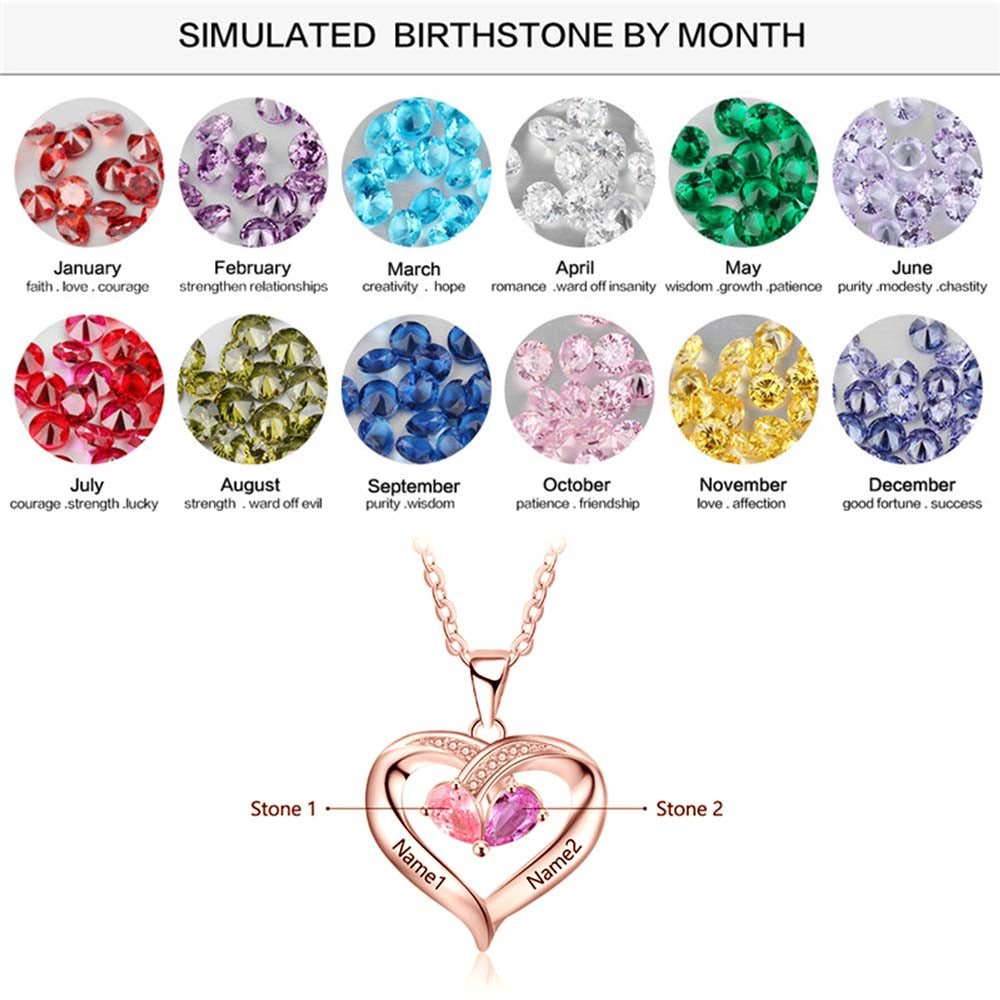 Custom 925 Sterling Silver Two Birthstone Necklace featuring personalized birthstones and available in multiple finishes.