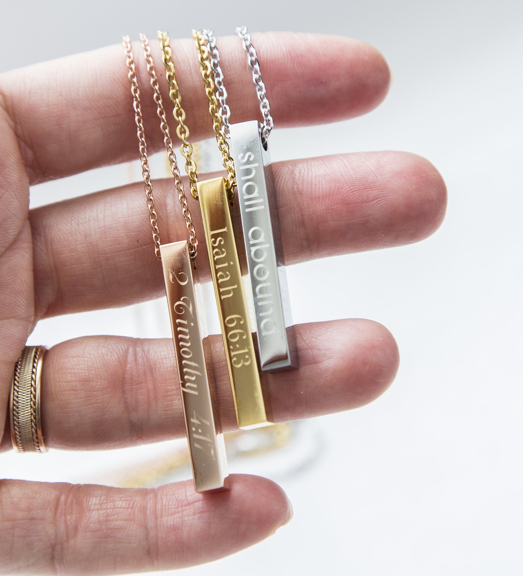 Custom Bible Verse Necklace in stainless steel with gold plating, featuring a delicate design and personalized engraving options.