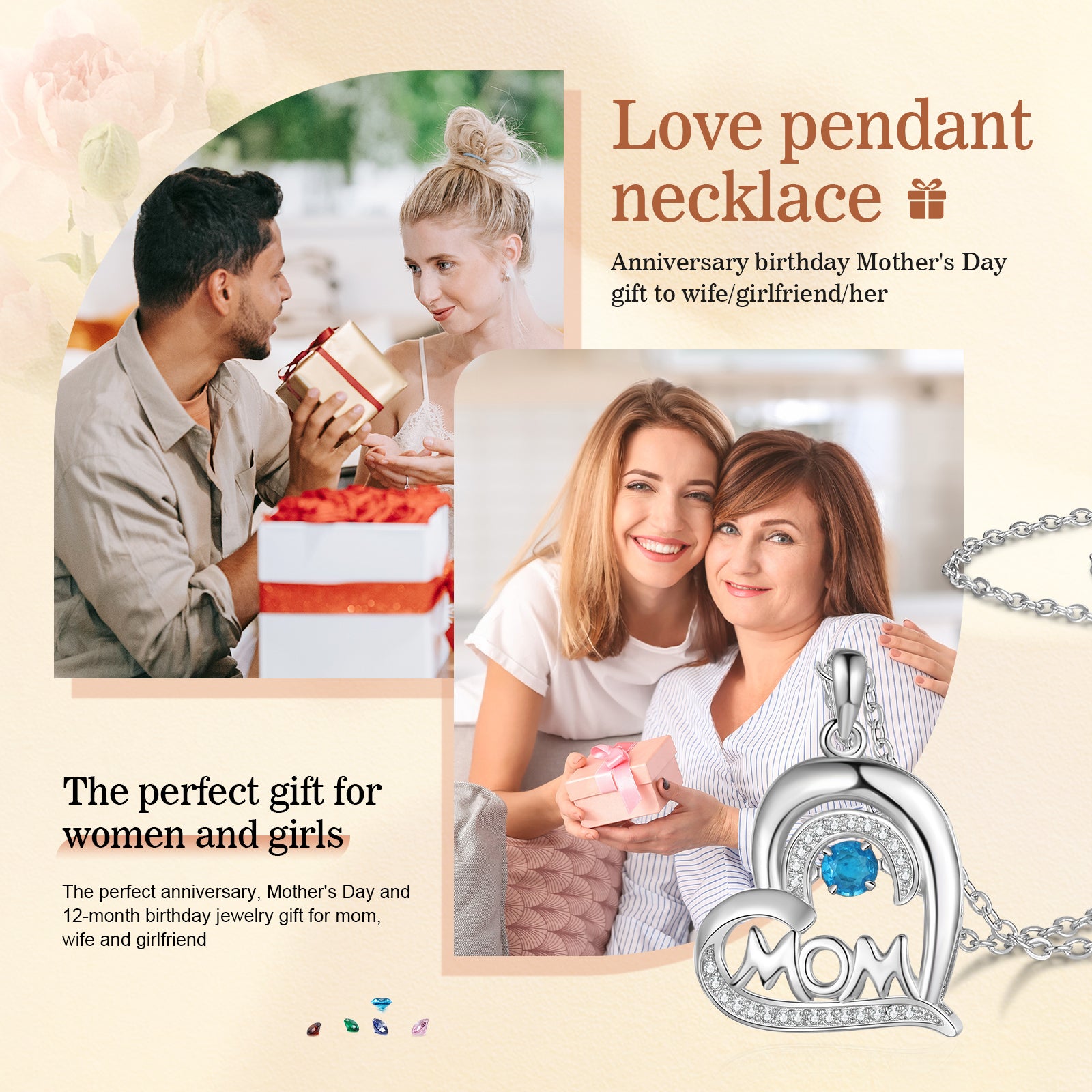 Custom Birthstone Heart Necklace featuring a heart pendant with birthstones, crafted from tarnish-resistant copper, perfect for mothers.