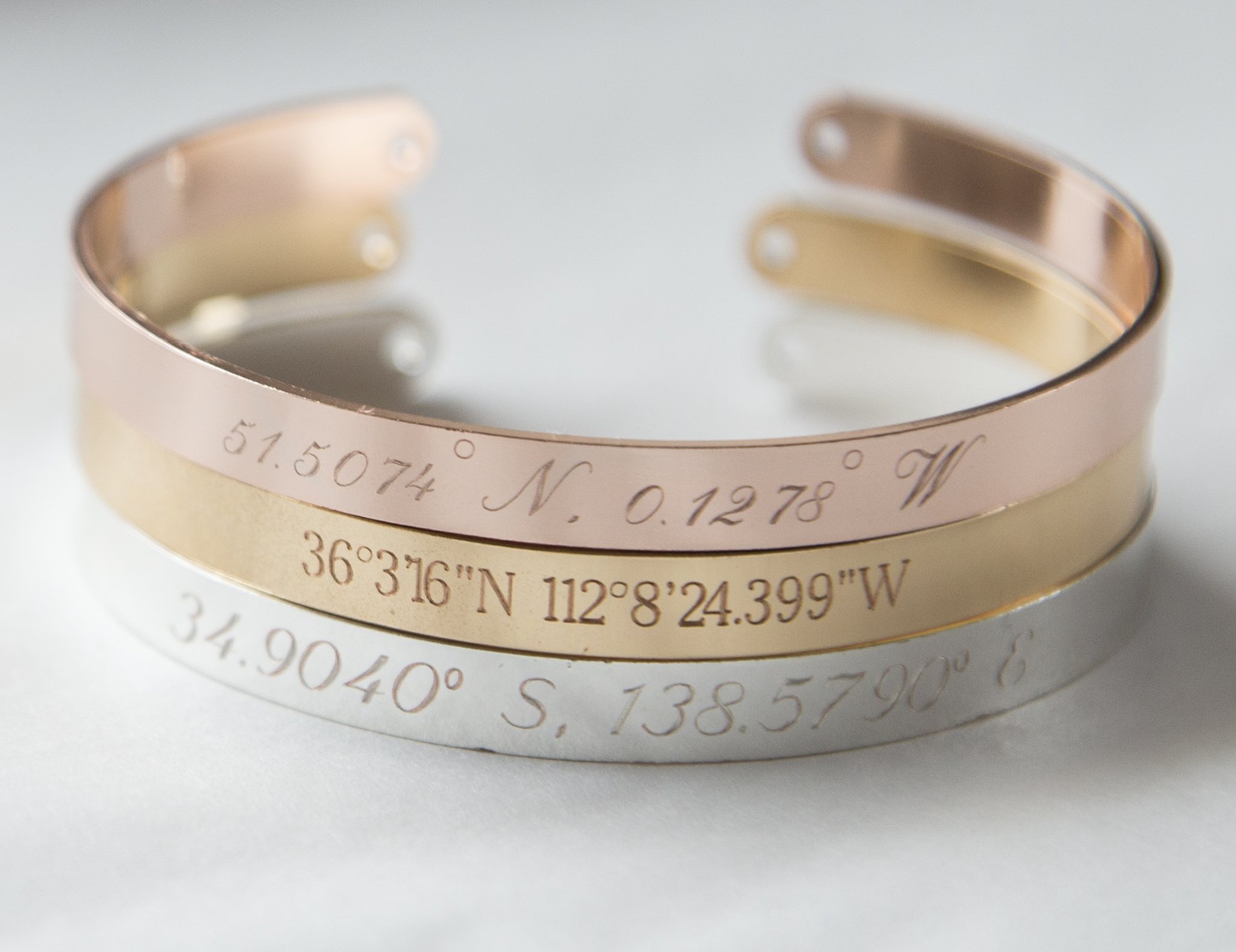Custom Coordinates Bracelet in rose gold, adjustable size, personalized engraving option.