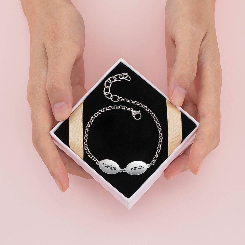 A stylish custom engraving stainless steel bracelet showcasing personalized engraving options.