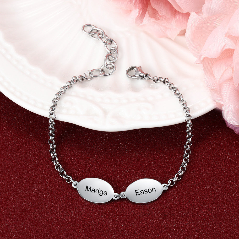 A stylish custom engraving stainless steel bracelet showcasing personalized engraving options.