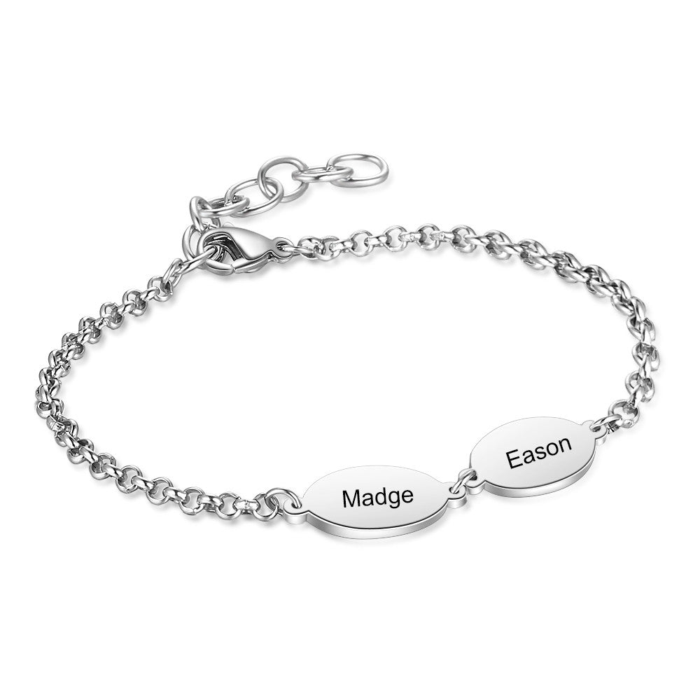 A stylish custom engraving stainless steel bracelet showcasing personalized engraving options.