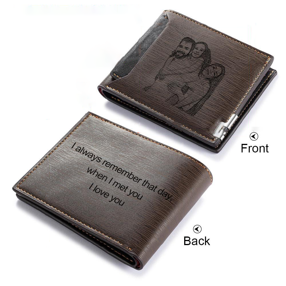 Custom Photo Wallet made of PU leather in brown color, showcasing personalized photo options.