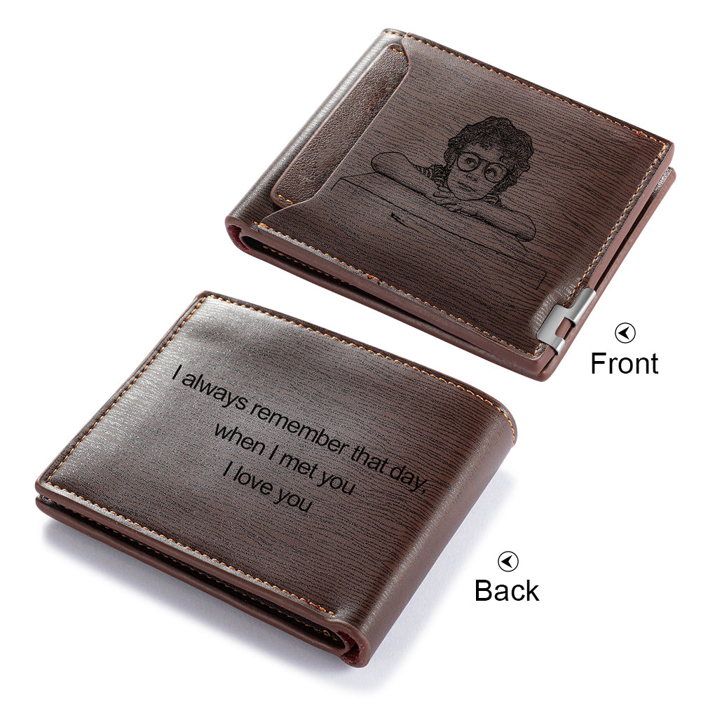 Custom Photo Wallet made of PU leather in brown color, showcasing personalized photo options.