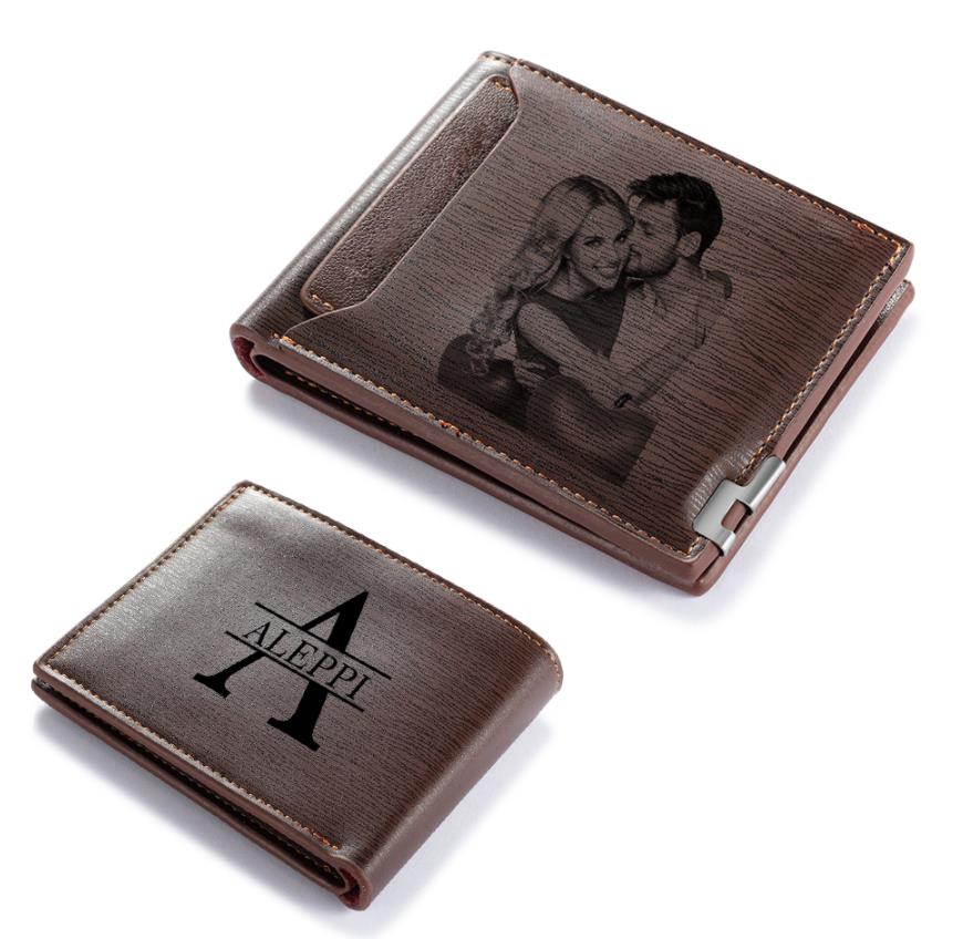 Custom Photo Wallet made of PU leather in brown color, showcasing personalized photo options.