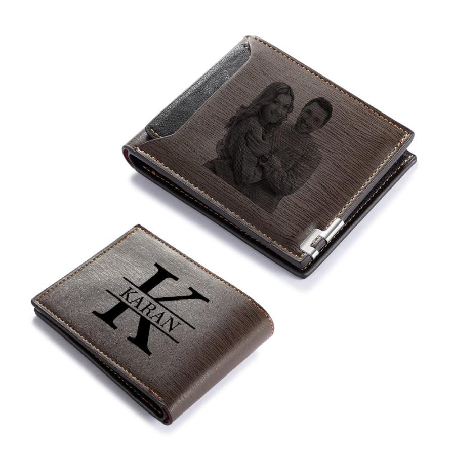 Custom Photo Wallet made of PU leather in brown color, showcasing personalized photo options.