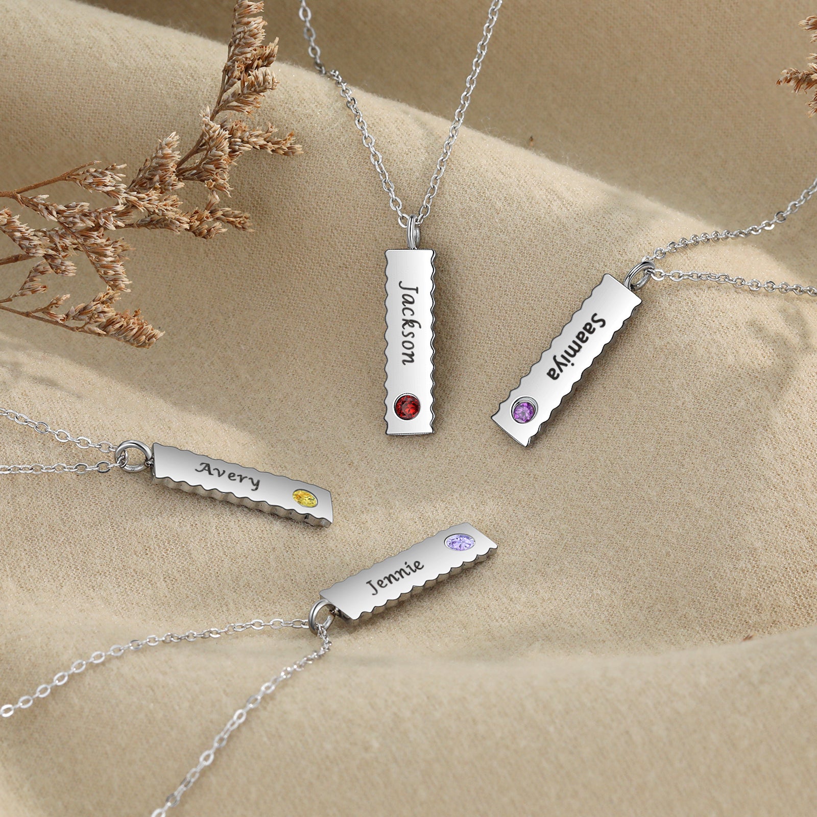 Custom Name Birthstone Necklace in stainless steel with personalized engraving and adjustable length.