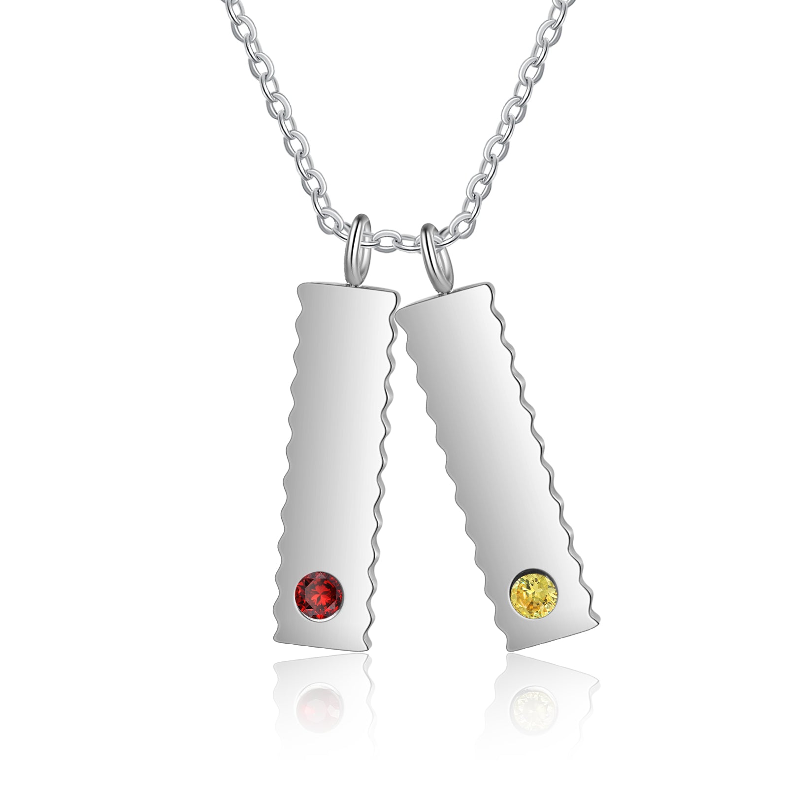 Custom Name Birthstone Necklace in stainless steel with personalized engraving and adjustable length.