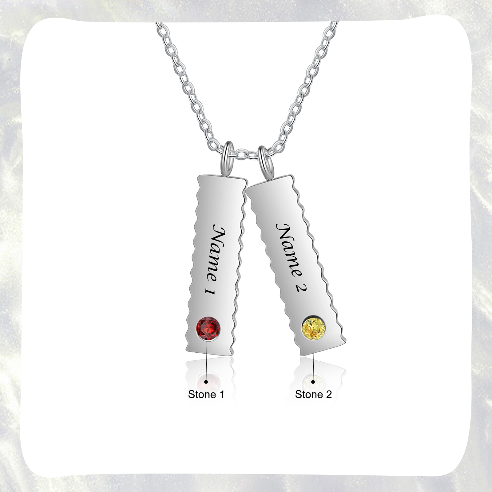 Custom Name Birthstone Necklace in stainless steel with personalized engraving and adjustable length.