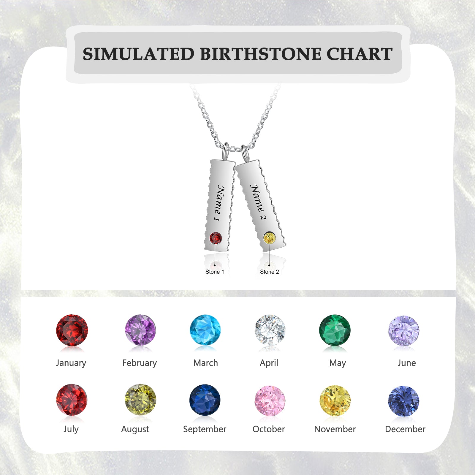 Custom Name Birthstone Necklace in stainless steel with personalized engraving and adjustable length.