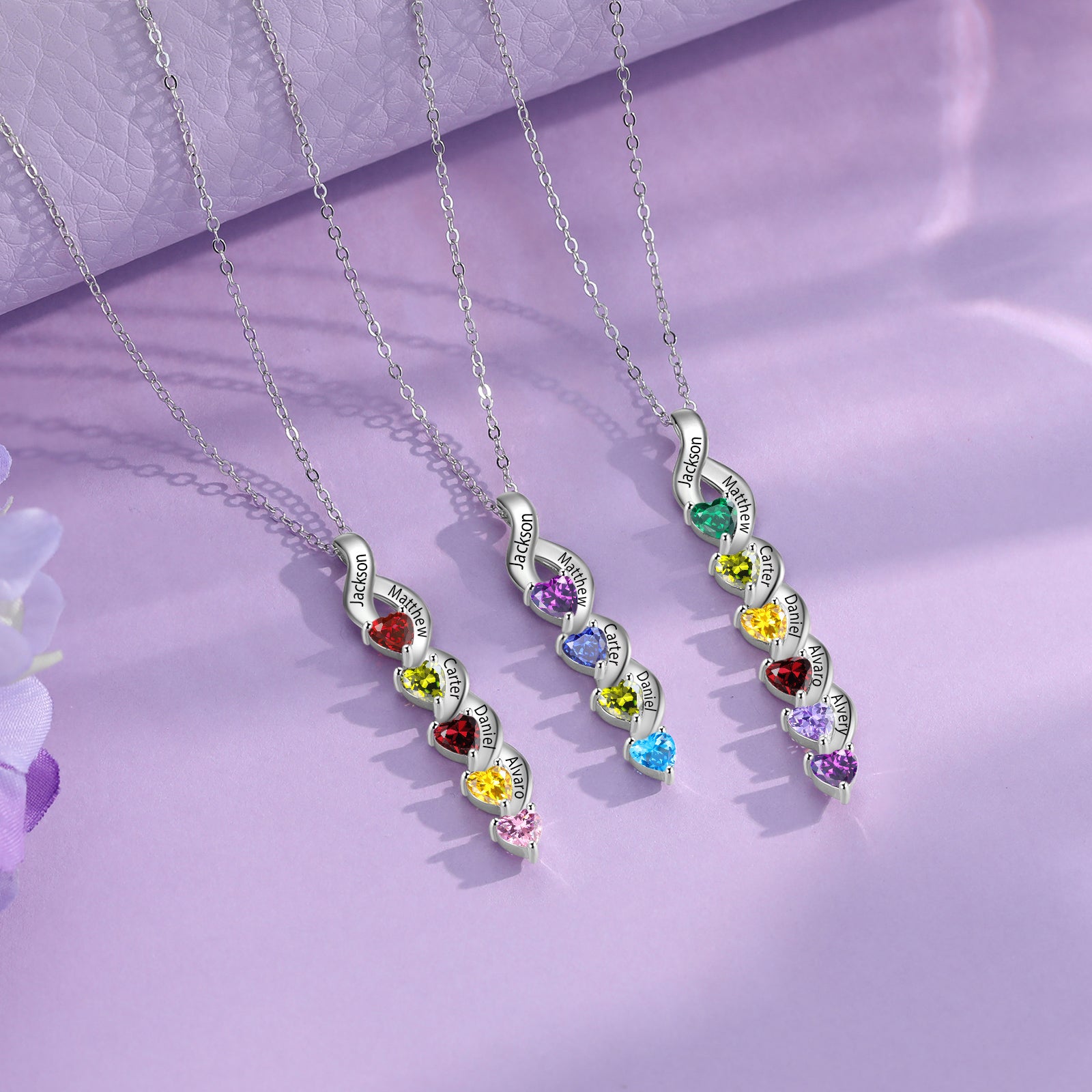 Custom Name Birthstone Necklace in white gold plated 925 sterling silver, featuring personalized name engraving and adjustable chain.