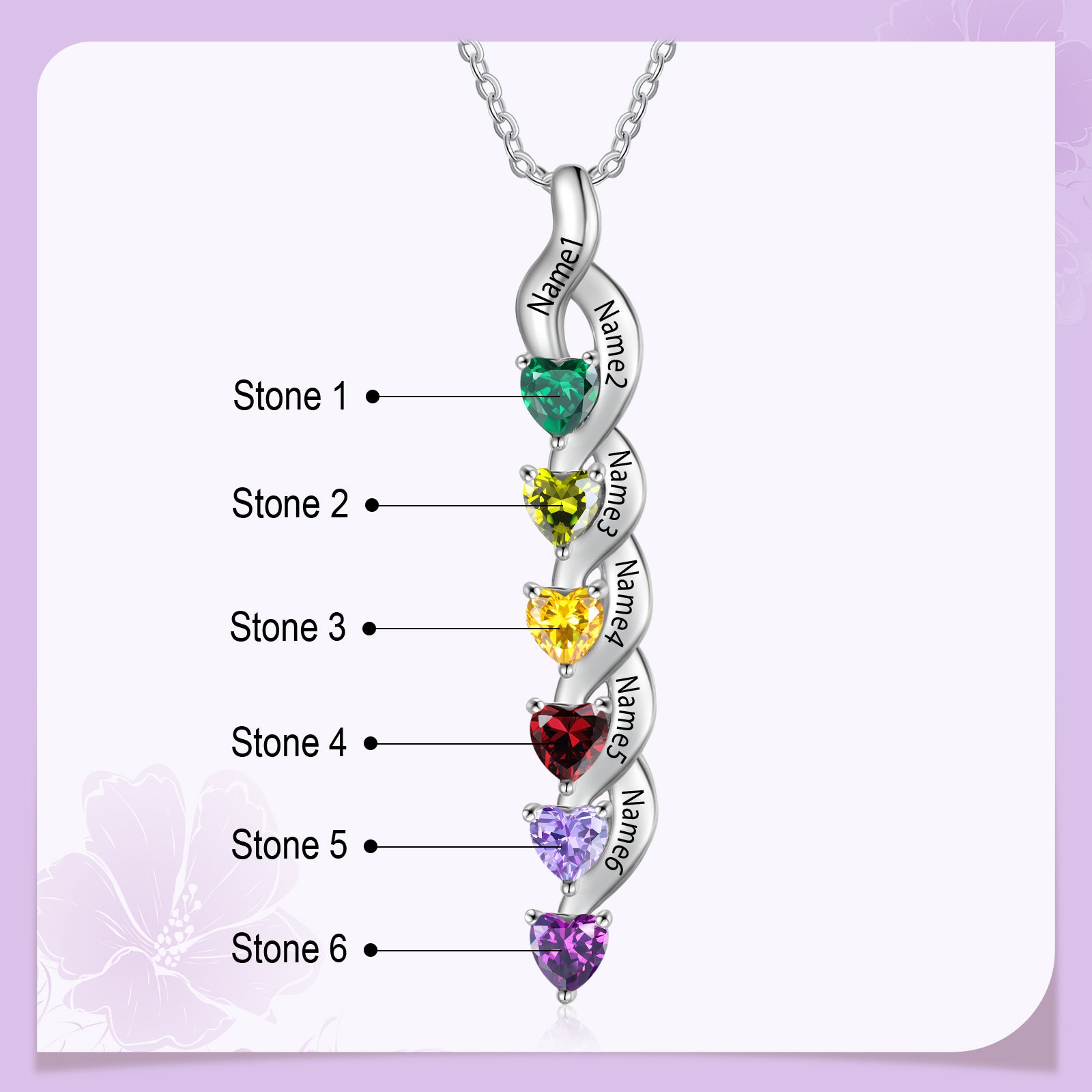 Custom Name Birthstone Necklace in white gold plated 925 sterling silver, featuring personalized name engraving and adjustable chain.