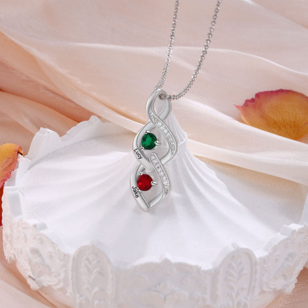 Custom Name Birthstone Necklace made of tarnish-resistant copper, featuring a personalized name and birthstone, elegantly displayed on a soft background.