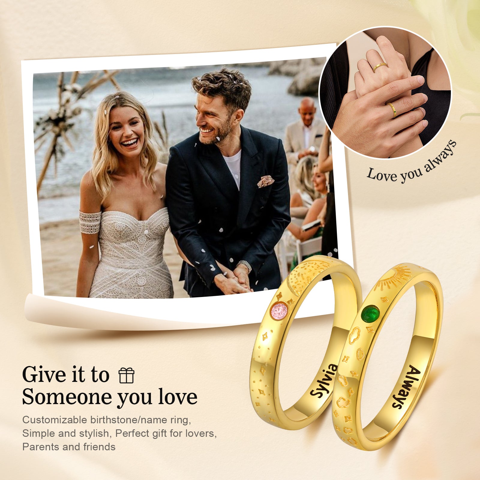 Custom Name Birthstone Ring in gold plating, featuring personalized engraving and a stylish design, made from durable copper.