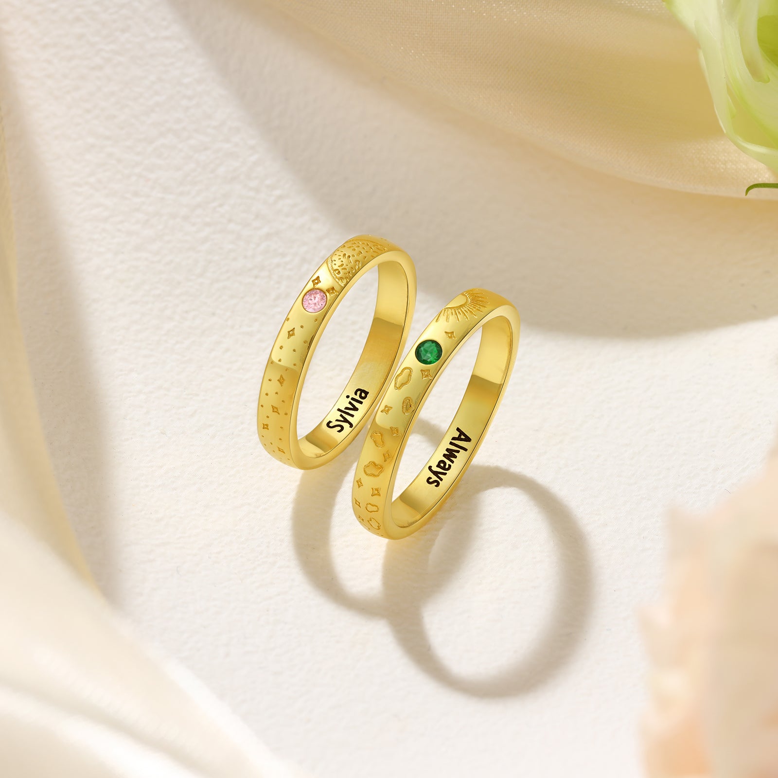 Custom Name Birthstone Ring in gold plating, featuring personalized engraving and a stylish design, made from durable copper.